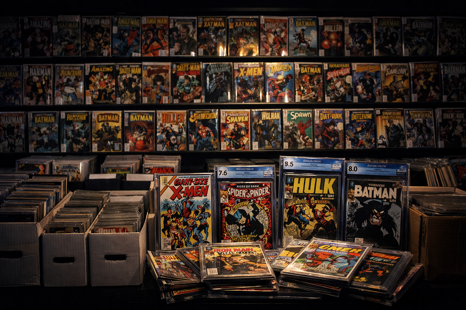 Collection of NIagara Falls Comics  books and boxes on a dark background